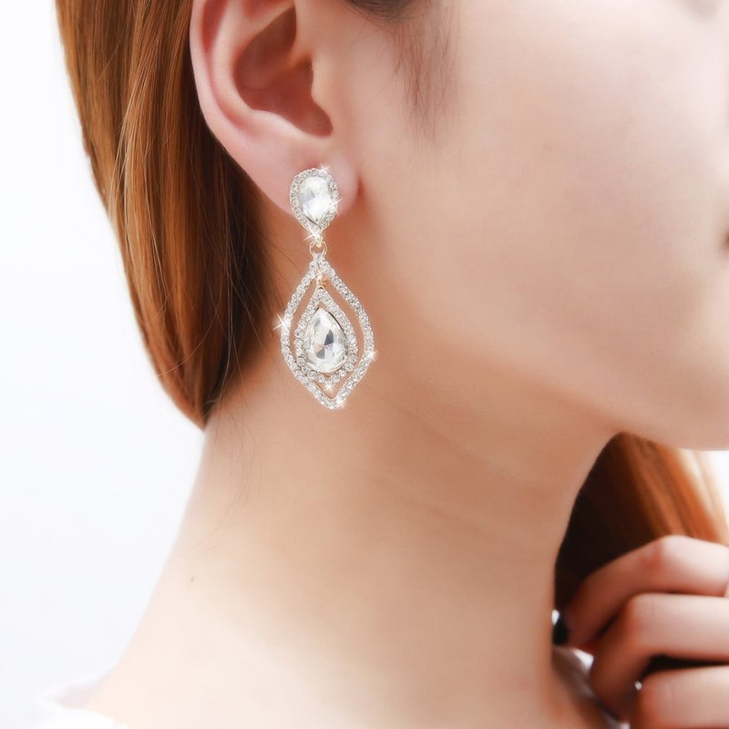 NLCAC Women's Pear Shape Teardrop Crystal Earrings Dangle Long Rhinestone Chandelier Earring Wedding Jewelry for Bride Clear - Image 2